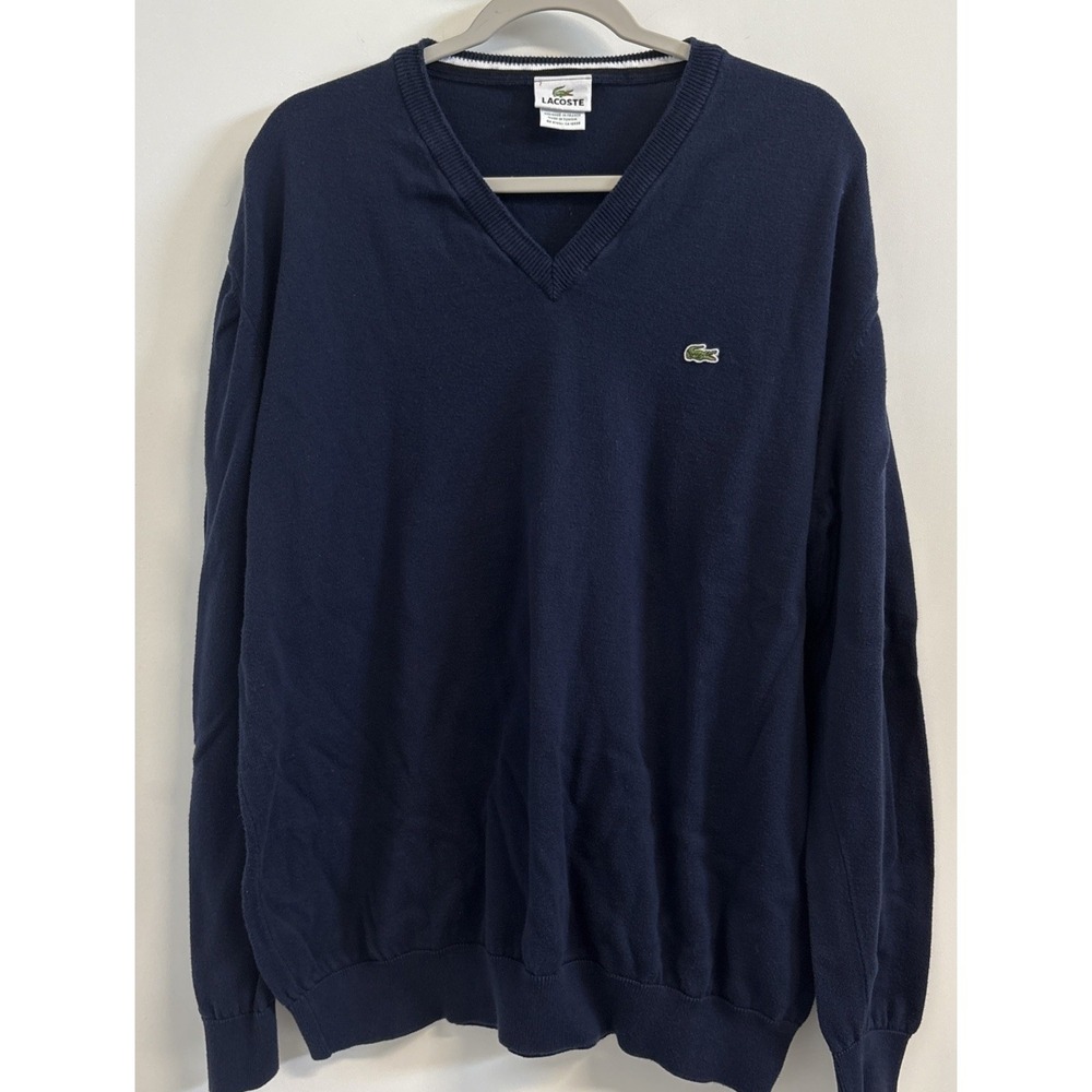 Lacoste V-Neck Sweater Size 7 XXL Blue Navy Knit Pullover Crocodile Logo